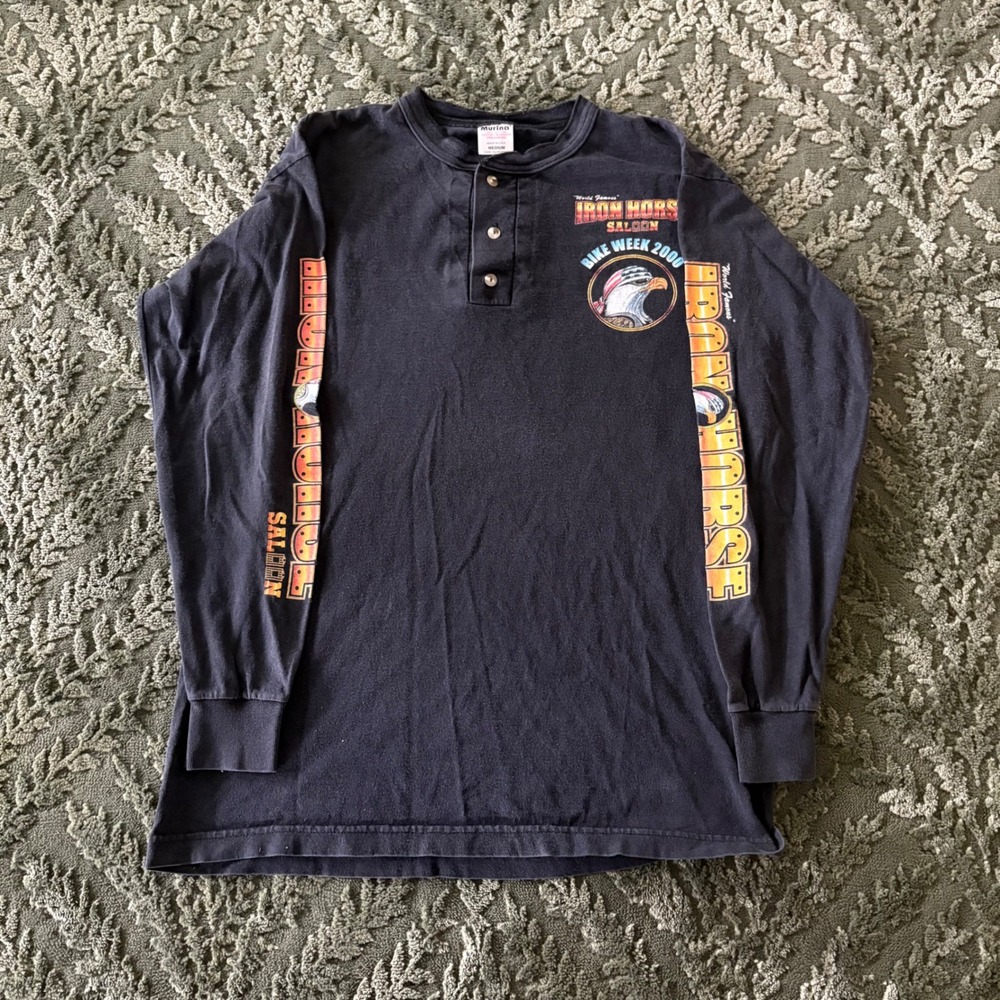 VTG 2000s Bike Week Iron Horse Saloon Biker Shirt SZ M Henley Tee Long Sleeve